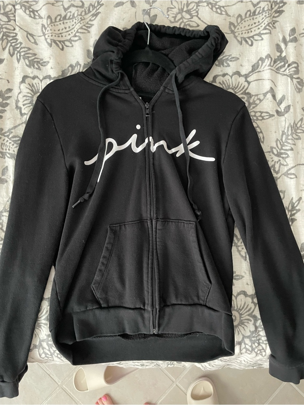 PINK Victoria's Secret Black Zip Front Hoodie with White Script